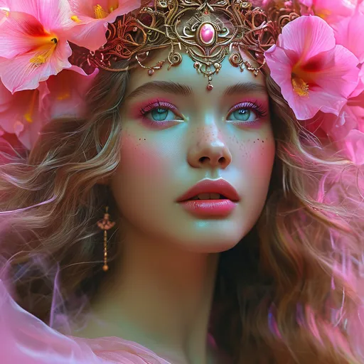 Prompt: Spes, Ancient Pink Goddess of Hope, Pre-Raphaelite time-lapse motion blur Abstract* cyber graffiti, High resolution, detailed portrait, Midjourney style, ethereal atmosphere, flowing hair, captivating eyes, cosmic mystical aura, vibrant colors, soft lighting, professional, digital painting, enchanting presence, fantasy, dreamy, female, mystical, detailed hair, captivating gaze, professional lighting, hyper realistic, HD 4k 3D, professional modeling, ethereal, gorgeous face, ambient divine glow, detailed and intricate, elegant, ethereal, mythical, goddess, radiant lighting, majestic, goddesslike aura, full body and landscape of Iris flowers