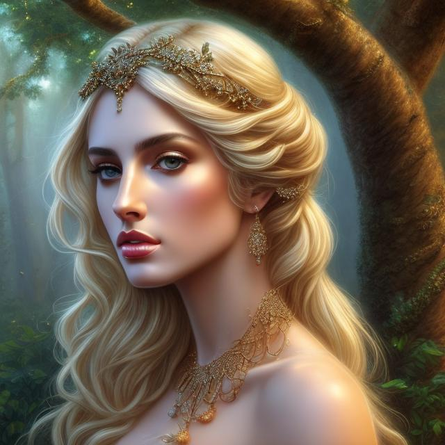 Prompt: HD 4k 3D, hyper realistic, professional modeling, ethereal Greek goddess of laurel trees, blonde hair, black skin, gorgeous face, gorgeous laurel dress, rustic jewelry and rustic diadem, full body, ambient glow, laurel tree nymph, landscape, detailed, elegant, ethereal, mythical, Greek, goddess, surreal lighting, majestic, goddesslike aura