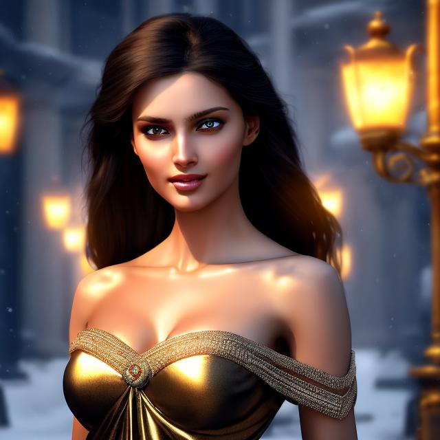 Prompt: HD 4k 3D 8k professional modeling photo hyper realistic beautiful woman ethereal greek goddess of beggary
black hair blue eyes dark skin gorgeous face simple greek dress simple jewelry simple headband streets of ancient greece full body surrounded by ambient glow hd landscape background during winter time 
