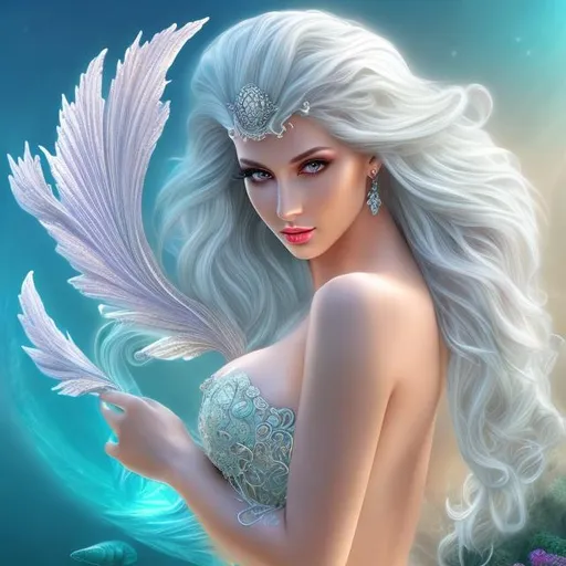 Prompt: HD 4k 3D 8k professional modeling photo hyper realistic beautiful woman ethereal greek goddess sea nymph 
white hair mixed skin gorgeous face ocean jewelry ocean tiara  mermaid tail full body surrounded by ambient glow hd landscape 

