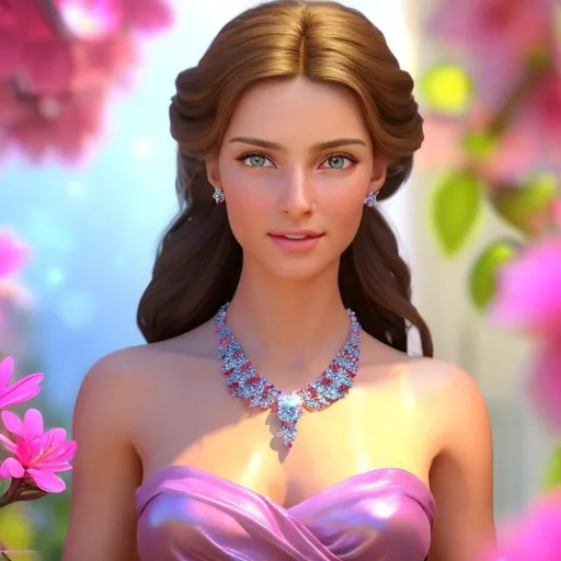 Prompt: HD 4k 3D 8k professional modeling photo hyper realistic beautiful young woman ethereal greek goddess of friendliness and kindness
red pigtail hair blue eyes gorgeous face dark skin shiny bright dress bright jewelry springtime tiara full body surrounded by ambient glow hd landscape background she is in the sunny springtime greek countryside with bright flowers and fauna
