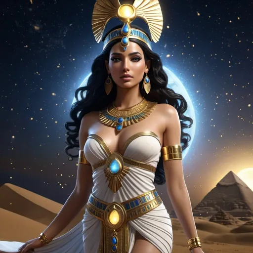 Prompt: HD 4k 3D, 8k, hyper realistic, professional modeling, ethereal Egyptian Goddess style, Goddess of the skies and heavens, beautiful, star covered gowns, glowing olive skin, black hair, mythical outfit covered in stars and jewelry, headband, full body, heavenly night sky, Fantasy setting, surrounded by ambient divine glow, detailed, elegant, surreal dramatic lighting, majestic, goddesslike aura, octane render, artistic and whimsical