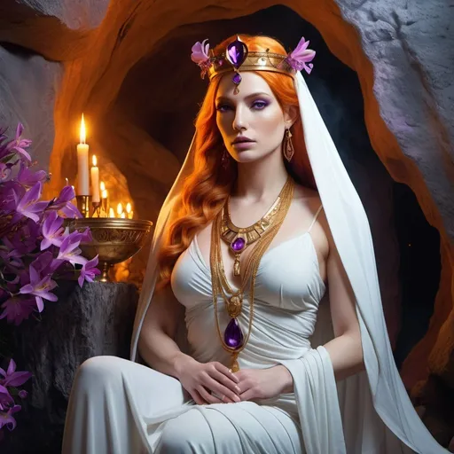 Prompt: HD 4k 3D, 8k, hyper realistic, professional modeling, ethereal Greek Goddess and Oracle of Delphi, orange hair, pale skin, gorgeous glowing face, high priestess white gown, purple veil, tourmaline jewelry and gold crown, cavern with fumes and vapors, mysterious cave adorned with oleander flowers, fortune teller and diviner, large python, surrounded by ambient divinity glow, detailed, elegant, mythical, surreal dramatic lighting, majestic, goddesslike aura