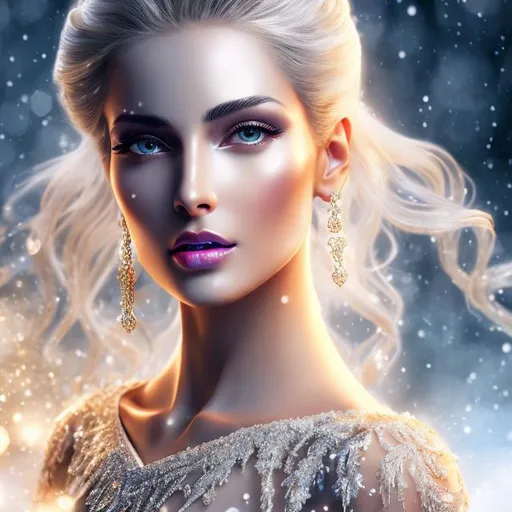 Prompt: HD 4k 3D 8k professional modeling photo hyper realistic beautiful woman ethereal greek goddess of true calling
white hair bun updo brown eyes gorgeous face mixed skin shimmering flowing winter dress ornate jewelry winter crown full body surrounded by ambient glow hd landscape background mystical winter wonderland in ice cave
