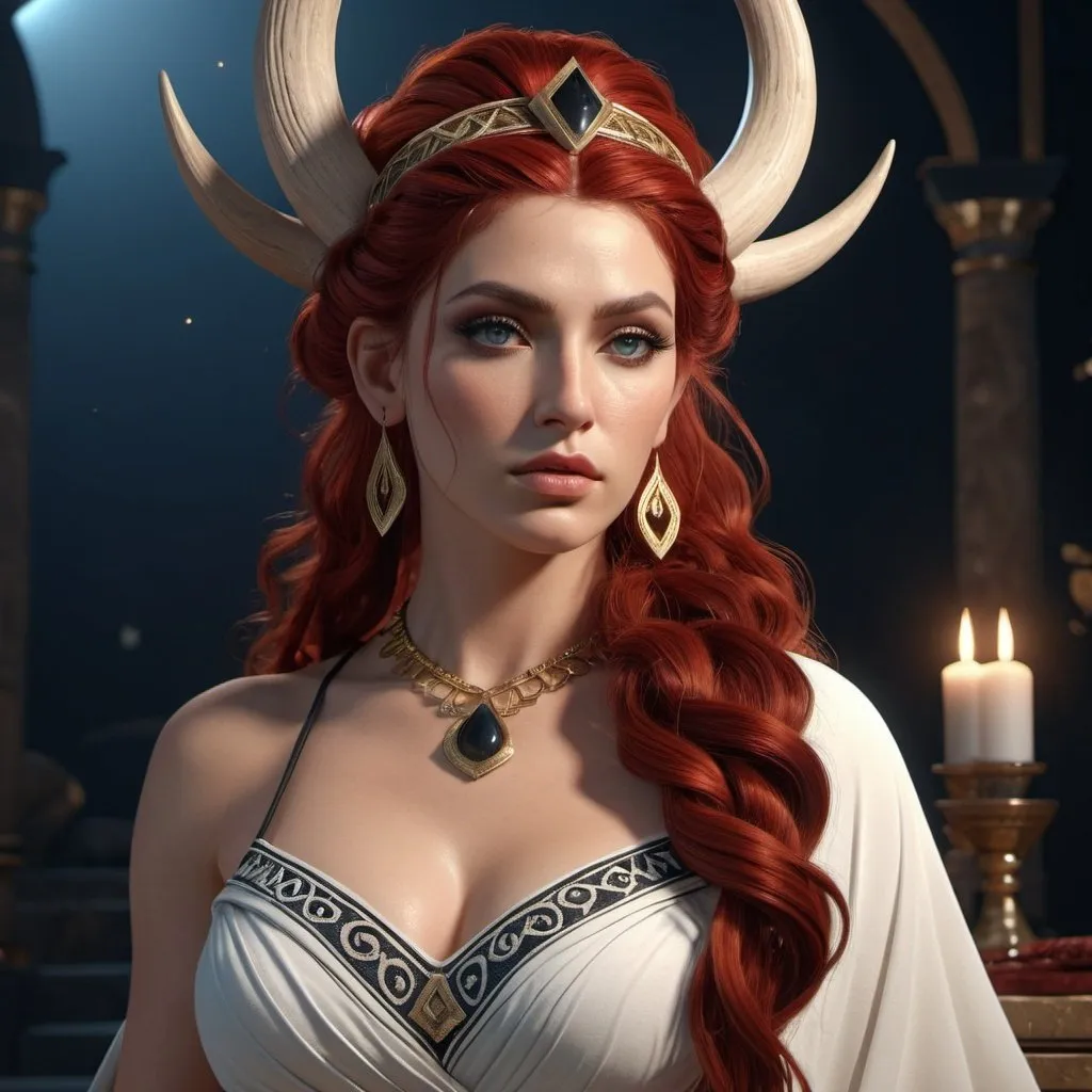 Prompt: HD 4k 3D, hyper realistic, professional modeling, ethereal Greek Goddess Witch, red half up twisted hair, ivory skin, gorgeous face, grecian embroidered gown, obsidian jewelry and headband, full body, witchcraft, sorceress, magical island, white bull companion, detailed, elegant, ethereal, mythical, Greek, goddess, surreal lighting, majestic, goddesslike aura