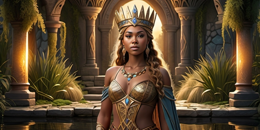 Prompt: Frigg Norse beloved Queen Goddess,  hyperrealistic, HD 4k 3D 8k professional modeling photo, beautiful brown skin maiden, enchanted, castle in the wetlands, magical, highly detailed, intricate, mythical background, elegant, surreal lighting, majestic, goddesslike aura