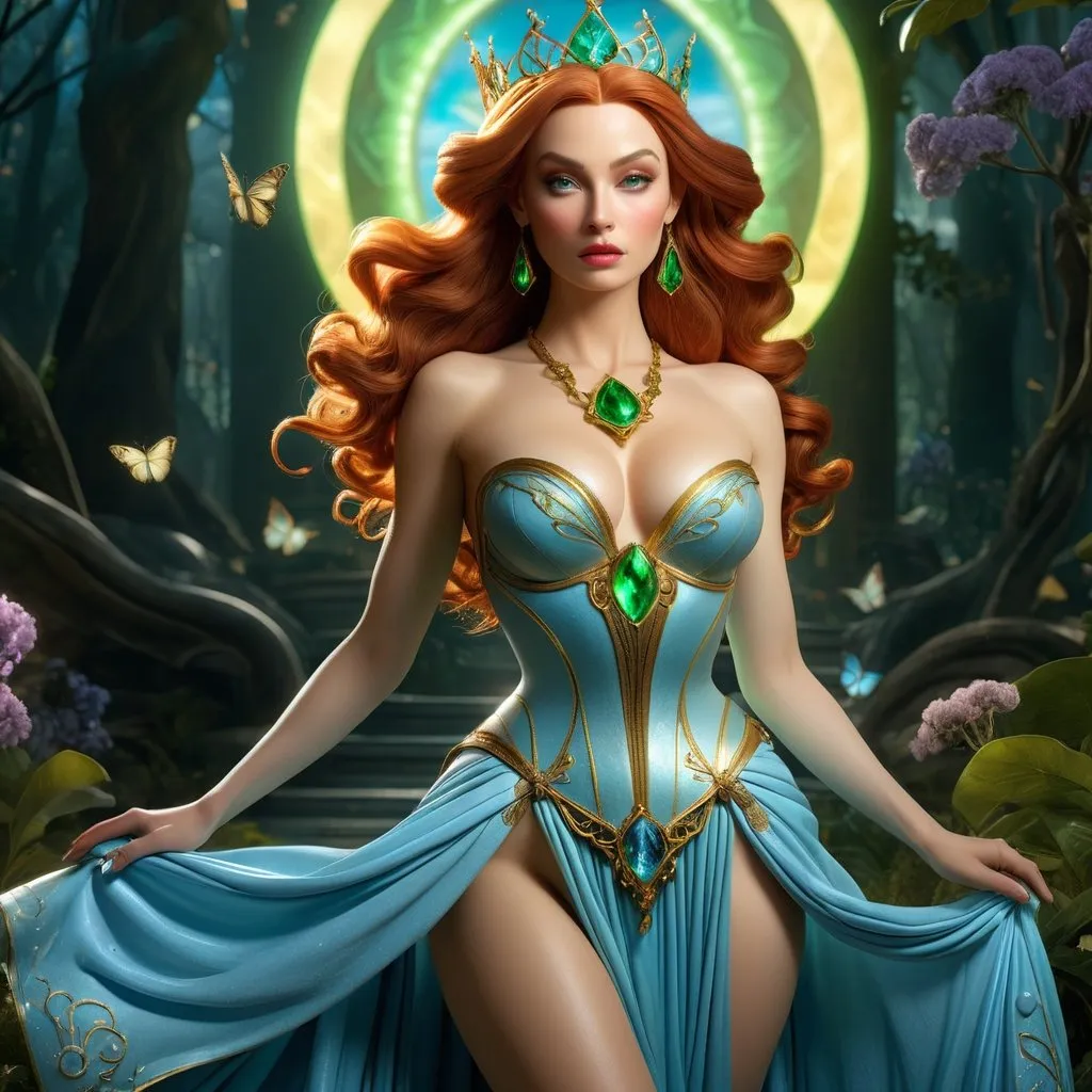 Prompt: HD 4k 3D 8k professional modeling photo hyper realistic beautiful woman enchanted, evil Oz Princess Langwidere,  (a pun on the term "languid air", as enabled by her wealthy status and lazy carefree manner) appears in Baum's third Oz book Ozma of Oz as a secondary villain. She is the vain and spoiled princess, ethereal greek goddess, full body surrounded by ambient glow, magical, highly detailed, intricate, outdoor  landscape, high fantasy background, elegant, mythical, surreal lighting, majestic, goddesslike aura, Annie Leibovitz style 

