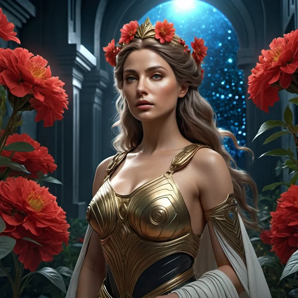 Prompt: HD 4k 3D 8k professional modeling photo hyper realistic beautiful woman Sci-Fi Space Princess ethereal greek goddess gorgeous face full body surrounded by ambient glow, flowers vegetation, enchanted, magical, detailed, highly realistic woman, high fantasy Alderaan background, elegant, mythical, surreal lighting, majestic, goddesslike aura, red and black flowers, Annie Leibovitz style 

