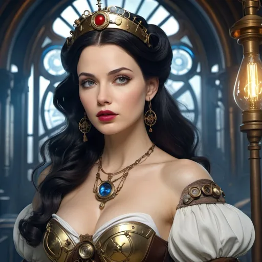 Prompt: HD 4k 3D, hyper realistic, professional modeling, enchanted German Steampunk Princess - Snow White, beautiful, magical, sci-fi, high fantasy background, detailed, highly realistic woman, elegant, ethereal, mythical, Greek goddess, surreal lighting, majestic, goddesslike aura, Annie Leibovitz style 