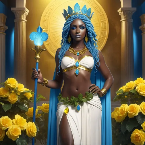 Prompt: HD 4k 3D, hyper realistic, professional modeling, ethereal Greek Muse of Comedy, bright blue hair, black skin, gorgeous face, grecian two piece outfit with boots, canary yellow jewelry and crown of ivy, full body, joyous, holding staff, flourishing vegetation, happy,  detailed, elegant, ethereal, mythical, Greek, goddess, surreal lighting, majestic, goddesslike aura