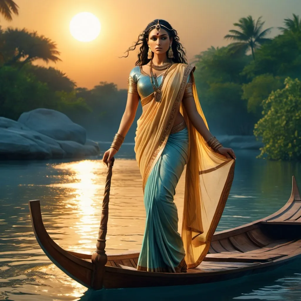 Prompt: HD 4k 3D 8k professional modeling photo hyper realistic beautiful woman enchanted Indian Princess Aouda, ethereal greek goddess, full body surrounded by ambient glow, magical, highly detailed, intricate, beautiful wearing a sari, boat on indian river, sorceress, ancient indian temples, outdoor landscape, highly realistic woman, high fantasy background, elegant, mythical, surreal lighting, majestic, goddesslike aura, Annie Leibovitz style 

