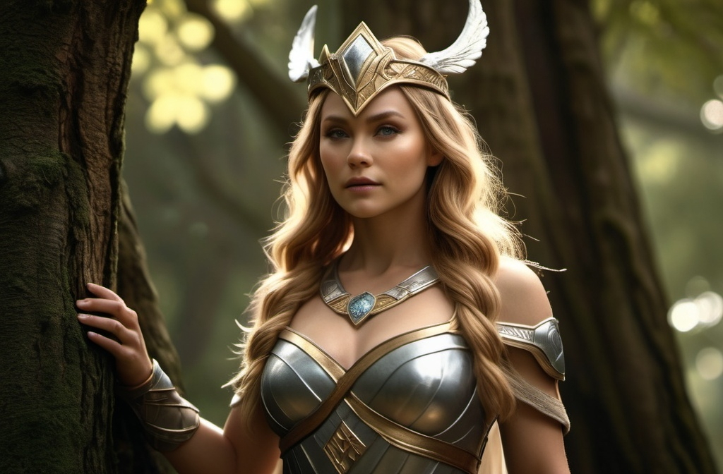 Prompt: Hlin Norse Valkyrie Goddess of Protection, hyper realistic, HD 4k 3D, professional modeling, ethereal, light brown half up hair, mixed skin, gorgeous face, gorgeous jewelry and diadem, full body, in a grove of old trees, ambient glow, detailed, elegant, ethereal, mythical, goddess, moody lighting, majestic, goddesslike aura, Norse Mythology