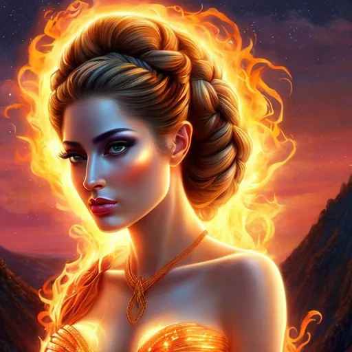 Prompt: HD 4k 3D, hyper realistic, professional modeling, ethereal Greek goddess of Volcanoes, black double braided buns hair, fair skin, gorgeous face, gorgeous fiery gown, fiery jewelry and tiara of flame, nymph, full body, ambient glow, volcano, landscape, detailed, elegant, ethereal, mythical, Greek, goddess, surreal lighting, majestic, goddesslike aura