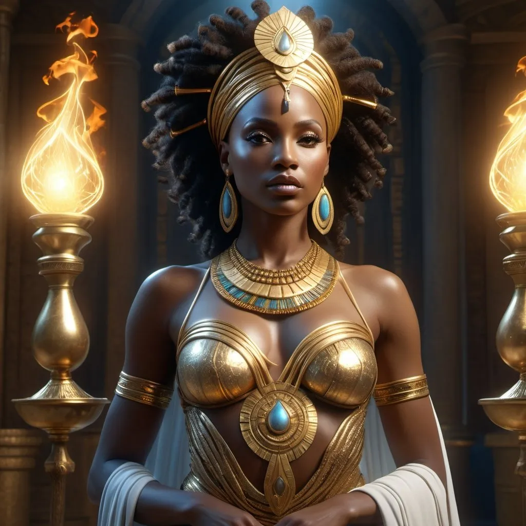 Prompt: HD 4k 3D, hyper realistic, professional modeling, enchanted African goddess mythology Princess, beautiful, magical, detailed, highly realistic woman, high fantasy background, Africa, elegant, ethereal, mythical, Greek goddess, surreal lighting, majestic, goddesslike aura, Annie Leibovitz style 