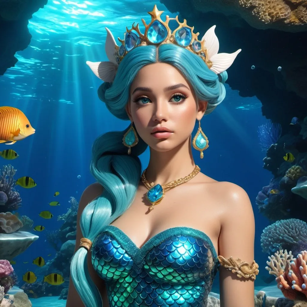 Prompt: HD 4k 3D, hyper realistic, professional modeling, ethereal Greek Goddess and Mermaid Princess, blue double ponytail hair, mixed skin, gorgeous face, beautiful mermaid, fluorite jewelry and coral crown, full body, sea nymph, Mediterranean ocean grotto , divine glow, detailed, elegant, ethereal, mythical, Greek, goddess, surreal lighting, majestic, goddesslike aura