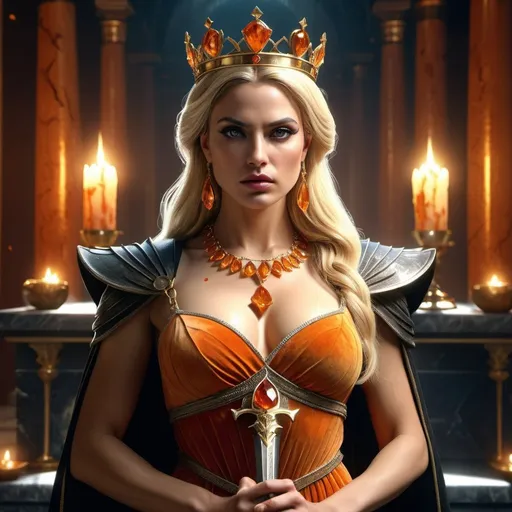Prompt: HD 4k 3D, 8k, hyper realistic, professional modeling, ethereal Greek Goddess Spartan Princess, blonde hair, medium skin, gorgeous glowing face, regal colorful dress, orange gemstone jewelry and tiara, evil queen, holding dagger, bloody splatter, surrounded by ambient divinity glow, detailed, elegant, mythical, surreal dramatic lighting, majestic, goddesslike aura
