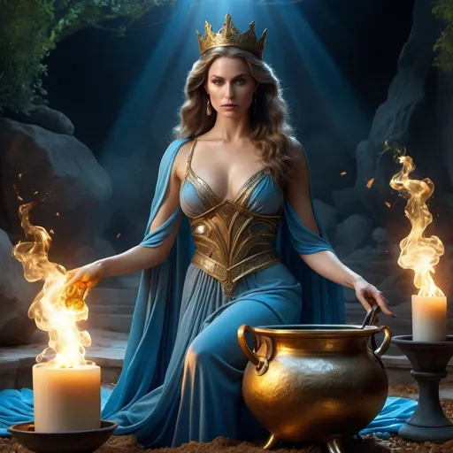 Prompt: HD 4k 3D 8k professional modeling photo hyper realistic beautiful woman enchanted evil Princess Goneril, ethereal greek goddess, full body surrounded by ambient glow, magical, highly detailed, intricate, cruel and deceitful, villain, making potions with cauldron, witch, outdoor landscape, high fantasy background, elegant, mythical, surreal lighting, majestic, goddesslike aura, Annie Leibovitz style 

