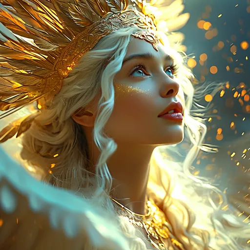 Prompt: Latona, white haired Roman Goddess winged Sun Goddess of Light, pre-Raphaelite time-lapse motion blur Abstract* cyber graffiti, High resolution, detailed portrait, Midjourney style, ethereal atmosphere, flowing hair, captivating eyes, cosmic mystical aura, vibrant colors, soft lighting, professional, digital painting, enchanting presence, fantasy, dreamy, female, mystical, detailed hair, captivating gaze, professional lighting, hyper realistic, HD 4k 3D, professional modeling, ethereal, gorgeous face, ambient divine glow, detailed and intricate, elegant, ethereal, mythical, goddess, radiant lighting, radiant light, Griffins spirit