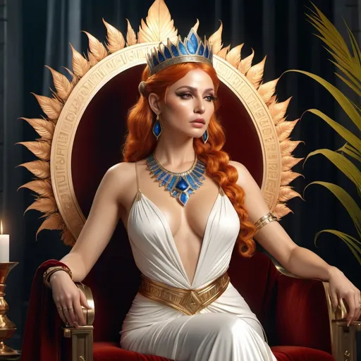 Prompt: HD 4k 3D, 8k, hyper realistic, professional modeling, ethereal Greek Goddess Queen Cassiopeia, orange hair, beige skin, gorgeous glowing face, regal gown, red gemstone jewelry and headband, evil queen, seated on throne, holding mirror and palm frond, surrounded by ambient divinity glow, detailed, elegant, mythical, surreal dramatic lighting, majestic, goddesslike aura