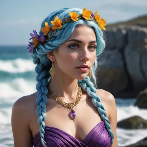 Prompt: HD 4k 3D, 8k, hyper realistic, professional modeling, ethereal Greek Goddess the Mindful, blue braided hair, olive skin, gorgeous face, colorful distressed gown, purple gemstone jewelry and crocus flower crown, chained to rock at sea, waves crashing, sea monster approaches, surrounded by ambient divine glow, detailed, elegant, ethereal, mythical, Greek, goddess, surreal lighting, majestic, goddesslike aura