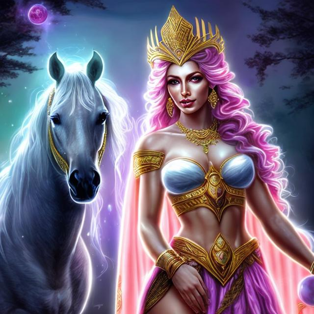 Prompt: HD 4k 3D, hyper realistic, professional modeling, ethereal Greek warrior goddess of mysteries, pink half up hair, white skin, gorgeous face, gorgeous priestess gown and veil, pagan jewelry, full body, ambient glow, mistress goddess, standing next to a stallion, detailed, elegant, ethereal, mythical, Greek, goddess, surreal lighting, majestic, goddesslike aura