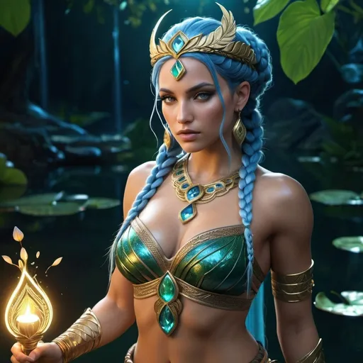 Prompt: HD 4k 3D, 8k, hyper realistic, professional modeling, ethereal Greek Goddess and Amazonian Queen, blue double braided hair, fair skin, gorgeous glowing face, Amazonian Warrior fur armor, chrome diopside jewelry and tiara, Amazon warrior, tattoos, full body, carrying a torch at night, pond with lilypads, surrounded by ambient divine glow, detailed, elegant, mythical, surreal dramatic lighting, majestic, goddesslike aura