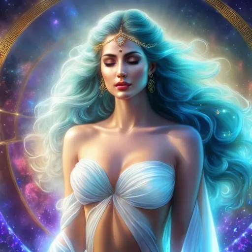 Prompt: HD 4k 3D, hyper realistic, professional modeling, ethereal Greek sleep goddess of hallucinations, blue hair, white skin, multicolor gown, gorgeous face, chrome jewelry and headband, full body, ambient spirit glow, serenity, meditation, tranquil dreamlike background, detailed, elegant, ethereal, mythical, Greek, goddess, surreal lighting, majestic, goddesslike aura
