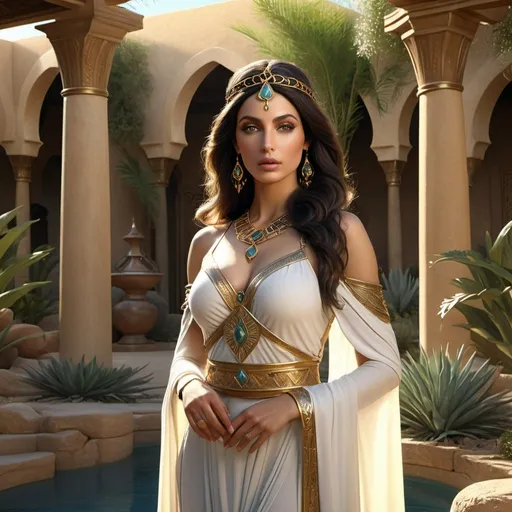 Prompt: HD 4k 3D, hyper realistic, professional modeling, enchanted Arabian goddess mythology Princess, beautiful, magical, detailed, highly realistic woman, high fantasy Middle East oasis garden landscape, elegant, ethereal, mythical, Greek goddess, surreal lighting, majestic, goddesslike aura, Annie Leibovitz style 