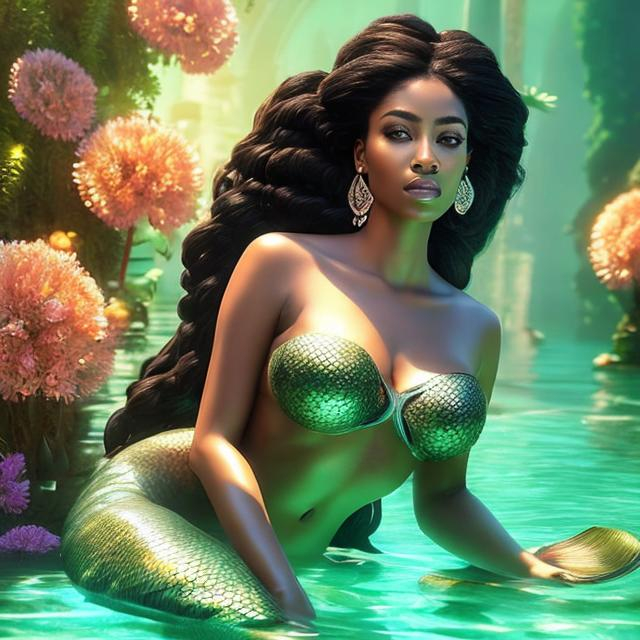 Prompt: HD 4k 3D, hyper realistic, professional modeling, ethereal Greek goddess of fresh water, orange double buns hair, black skin, gorgeous face, gorgeous mermaid, freshwater jewelry and mint leaves diadem, full body, ambient glow, river mermaid, mint leaves plants, landscape, detailed, elegant, ethereal, mythical, Greek, goddess, surreal lighting, majestic, goddesslike aura