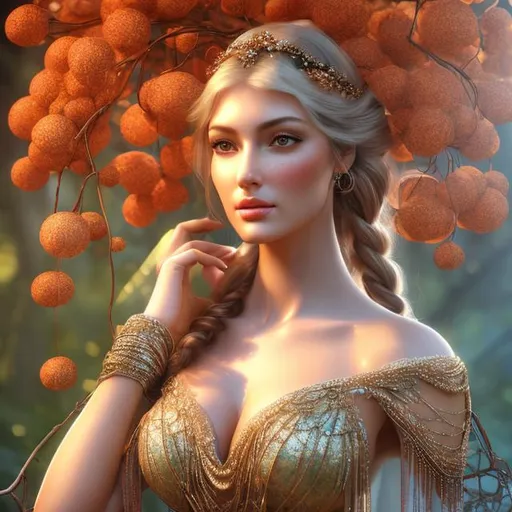 Prompt: HD 4k 3D, hyper realistic, professional modeling, ethereal  Greek goddess of dogwood, rust colored pull through braid hair, fair skin, gorgeous face, gorgeous tree dress, tree jewelry and dogwood handpiece, full body, ambient glow, dogwood tree nymph, landscape, detailed, elegant, ethereal, mythical, Greek, goddess, surreal lighting, majestic, goddesslike aura