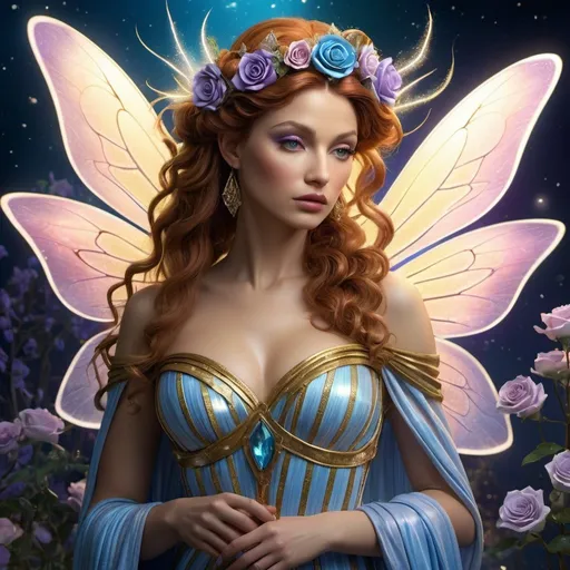 Prompt: HD 4k 3D 8k professional modeling photo hyper realistic beautiful woman enchanted, Oz Princess Polychrome, a cloud fairy and the daughter of the Rainbow, thus she is a "sky princess". radiant and beautiful fairy and exquisitely dressed. She was clad in flowing, fluffy robes of soft material that reminded Dorothy of woven cobwebs, only it was colored in soft violet, rose, topaz, olive, azure, and white, mingled together most harmoniously in stripes which melted one into the other. Her hair was like spun gold and floated around her in a cloud, no strand being fastened or confined by either pin or ornament or ribbon. she is sweet and ethereal, very much the archetypical good fairy. She is well known in the series for her daintiness and grace, and is considered to be an equal in beauty, ethereal greek goddess, full body surrounded by ambient glow, magical, highly detailed, intricate, outdoor  landscape, high fantasy background, elegant, mythical, surreal lighting, majestic, goddesslike aura, Annie Leibovitz style 