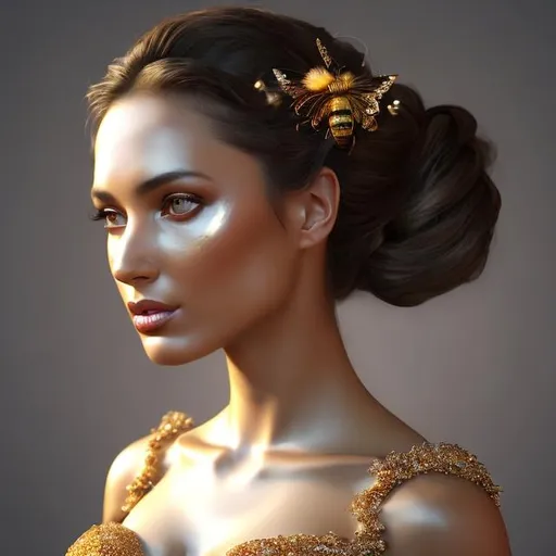 Prompt: HD 4k 3D, hyper realistic, professional modeling, ethereal Greek goddess of honey, black double ponytail hair, olive freckled skin, gorgeous face, gorgeous honeycomb dress, rustic jewelry and honeybee crown, full body, ambient glow, honey, beehives, honeybees, landscape, detailed, elegant, ethereal, mythical, Greek, goddess, surreal lighting, majestic, goddesslike aura