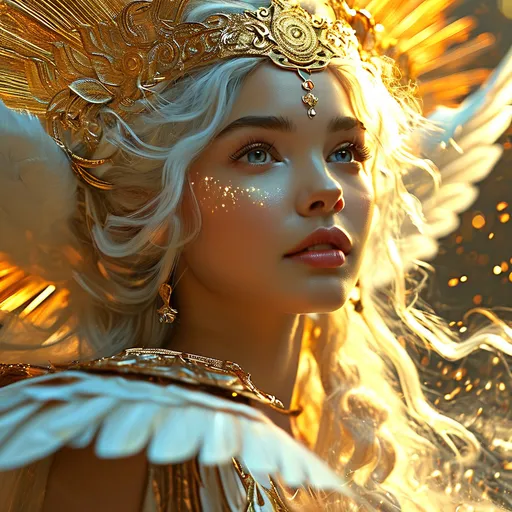 Prompt: Latona, white haired Roman Goddess winged Sun Goddess of Light, pre-Raphaelite time-lapse motion blur Abstract* cyber graffiti, High resolution, detailed portrait, Midjourney style, ethereal atmosphere, flowing hair, captivating eyes, cosmic mystical aura, vibrant colors, soft lighting, professional, digital painting, enchanting presence, fantasy, dreamy, female, mystical, detailed hair, captivating gaze, professional lighting, hyper realistic, HD 4k 3D, professional modeling, ethereal, gorgeous face, ambient divine glow, detailed and intricate, elegant, ethereal, mythical, goddess, radiant lighting, radiant light, Griffins spirit