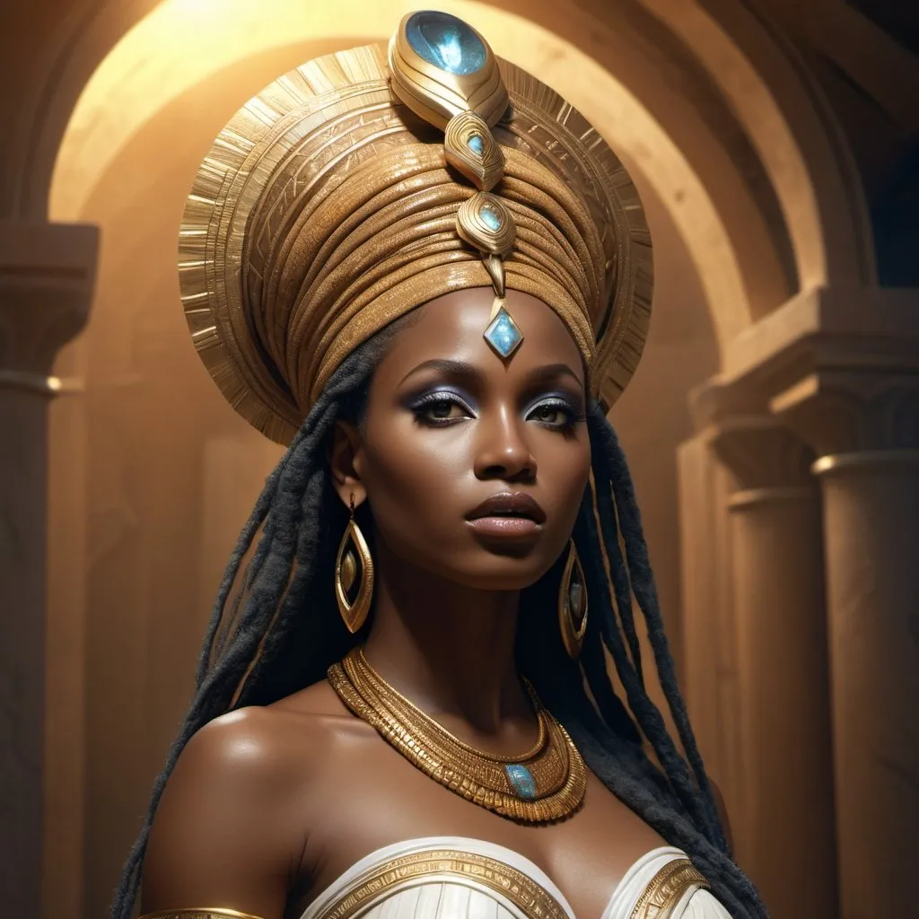 Prompt: HD 4k 3D, hyper realistic, professional modeling, enchanted African goddess mythology Princess, beautiful, magical, detailed, highly realistic woman, high fantasy background, Africa, elegant, ethereal, mythical, Greek goddess, surreal lighting, majestic, goddesslike aura, Annie Leibovitz style 