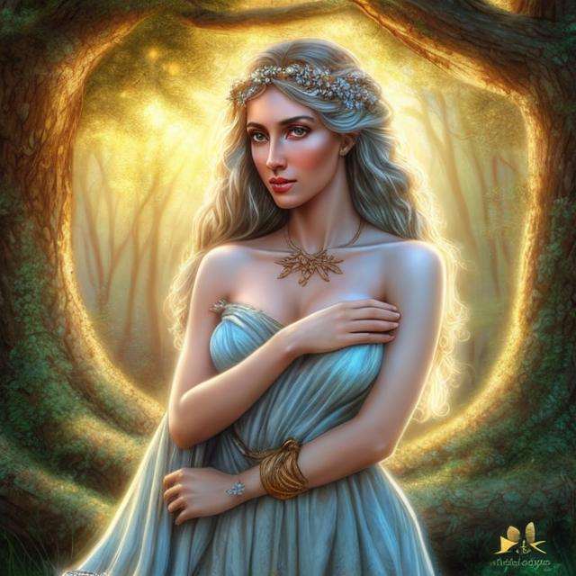 Prompt: HD 4k 3D, hyper realistic, professional modeling, ethereal Greek goddess of oak trees, blue hair, fair skin, gorgeous face, gorgeous rustic inspired dress, rustic jewelry and rustic headband, full body, ambient glow, oak tree forest nymph, landscape, detailed, elegant, ethereal, mythical, Greek, goddess, surreal lighting, majestic, goddesslike aura