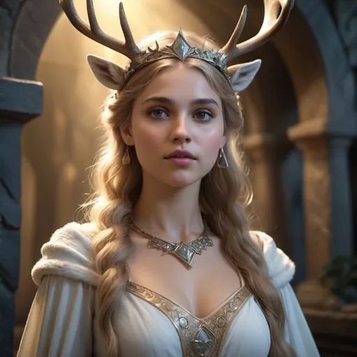 Prompt: HD 4k 3D, hyper realistic, professional modeling, enchanted Westeros Princess - Myrcella, kind, beautiful, magical, deer, high fantasy background, detailed, highly realistic woman, elegant, ethereal, mythical, Greek goddess, surreal lighting, majestic, goddesslike aura