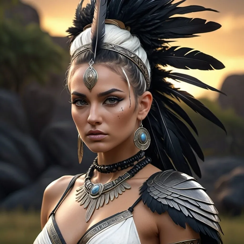 Prompt: HD 4k 3D, 8k, hyper realistic, professional modeling, ethereal Greek Goddess and Amazonian Warrior, white messy bun hair, mixed skin, gorgeous glowing face, Amazonian Warrior armor, obsidian jewelry and headband, Amazon warrior, tattoos, full body, plains and fields, adorned with black feathers, furious and strong, surrounded by ambient divine glow, detailed, elegant, mythical, surreal dramatic lighting, majestic, goddesslike aura