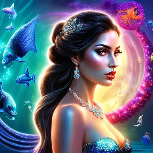 Prompt: HD 4k 3D 8k professional modeling photo hyper realistic beautiful woman ethereal greek goddess sea nymph of calm seas
black hair dark skin gorgeous face  ocean jewelry ocean headband headpiece mermaid tail full body surrounded by ambient glow hd landscape under the ocean calm waters jellyfish 

