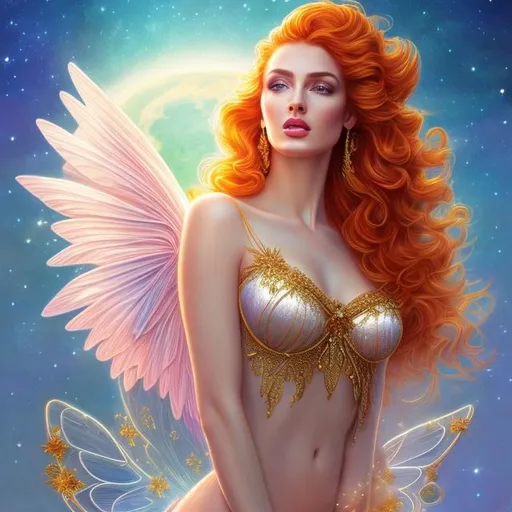 Prompt: HD 4k 3D, hyper realistic, professional modeling, ethereal Greek goddess of brightness, bright red hair, gorgeous face, fair skin, gorgeous bright shiny gown,  jewelry and diadem, fairy wings, full body, ambient glow, cosmic moon and sun bright in background, dazzling light, landscape, detailed, elegant, ethereal, mythical, Greek, goddess, surreal lighting, majestic, goddesslike aura