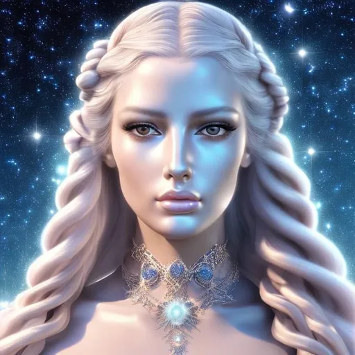 Prompt: HD 4k 3D, hyper realistic, professional modeling, ethereal Greek goddess of the night sky, white and pink bubble braid hair, white skin, gorgeous face, star-studded nightgown, diamond jewelry and diadem, full body, soft ambient glow of starlight, alluring goddess, in the night sky, constellations, detailed, elegant, ethereal, mythical, Greek, goddess, surreal lighting, majestic, goddesslike aura