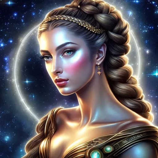 Prompt: HD 4k 3D, hyper realistic, professional modeling, ethereal Greek goddess of the stars,  bronze braided bun hair, black skin, gorgeous face, gorgeous starry gown, starry jewelry and headband of stars, angel wings, full body, ambient starlight glow, overlooking island, dazzling light, landscape, detailed, elegant, ethereal, mythical, Greek, goddess, surreal lighting, majestic, goddesslike aura