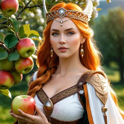 Prompt: Idunn Norse Goddess of apples and youth, hyper realistic, HD 4k 3D, professional modeling, ethereal, bright orange ponytail hair, medium skin, gorgeous face, gorgeous jewelry and crown, Valkyrie, in an apple orchard, ambient divine glow, detailed and intricate, elegant, ethereal, mythical, goddess, radiant lighting, majestic, goddesslike aura, Norse Viking Mythology