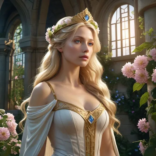 Prompt: HD 4k 3D, hyper realistic, professional modeling, enchanted German Princess - maiden in tower, long blonde hair, beautiful, magical, high fantasy background, tower covered in flowers and garden, detailed, highly realistic woman, elegant, ethereal, mythical, Greek goddess, surreal lighting, majestic, goddesslike aura, Annie Leibovitz style 