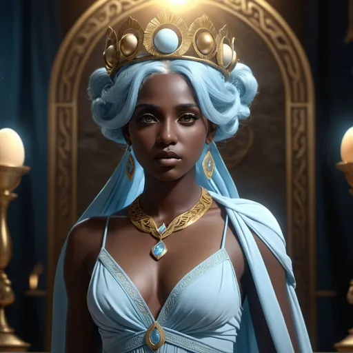 Prompt: HD 4k 3D, hyper realistic, professional modeling, ethereal Greek Muse of Origins, pale blue hair, dark skin, gorgeous face, grecian gown, simple jewelry and tiara, full body, embodiment of youth, hatching from an egg, beautiful form, enchantress, detailed, elegant, ethereal, mythical, Greek, goddess, surreal lighting, majestic, goddesslike aura