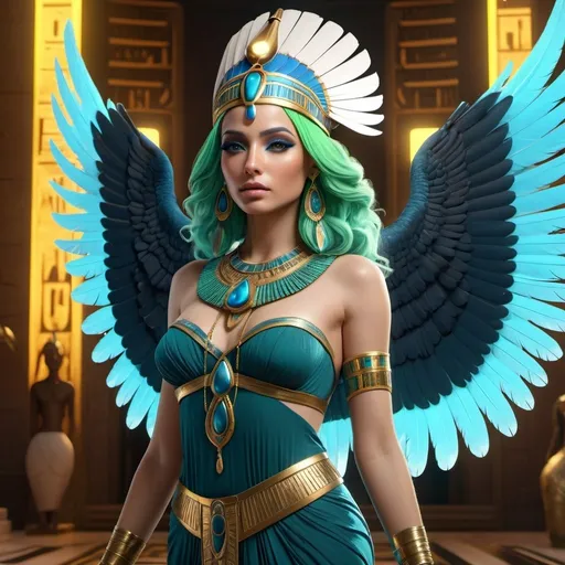 Prompt: HD 4k 3D, 8k, hyper realistic, professional modeling, ethereal Egyptian Goddess style, beautiful with vulture wings, glowing pale skin, green hair, mythical blue gown and jewelry, headband, full body, heavenly, Fantasy setting, colorful feathers, surrounded by ambient divine glow, detailed, elegant, surreal dramatic lighting, majestic, goddesslike aura, octane render, artistic and whimsical