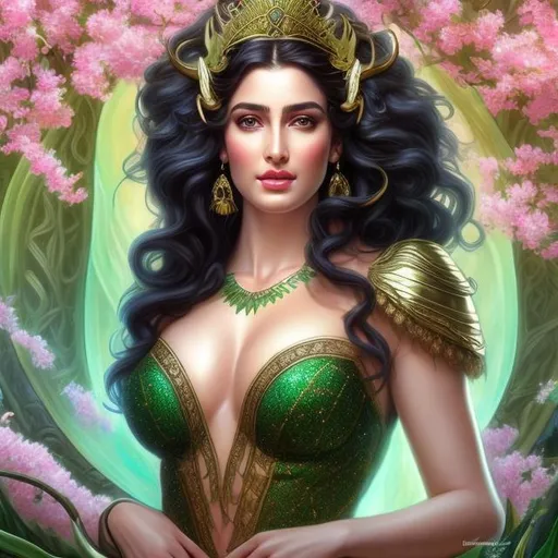 Prompt: HD 4k 3D, hyper realistic, professional modeling, ethereal Greek goddess of happiness, black hair with bull horns, fair skin, green earth gown, gorgeous face, emerald jewelry and crown, full body, ambient glow, bright spring meadow, happy, detailed, elegant, ethereal, mythical, Greek, goddess, surreal lighting, majestic, goddesslike aura