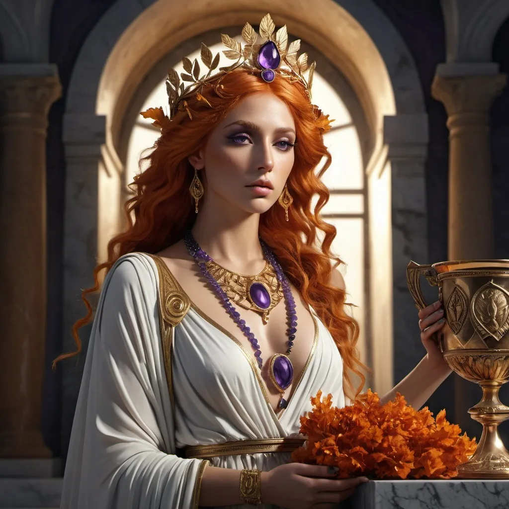 Prompt: HD 4k 3D, hyper realistic, professional modeling, ethereal Greek Muse of Tragedy, bright orange hair, mixed skin, gorgeous face, grecian long sleeved dress, amethyst jewelry and crown of leaves, full body, in mourning, goblet, in tomb, holding dagger, precious jewels,  detailed, elegant, ethereal, mythical, Greek, goddess, surreal lighting, majestic, goddesslike aura