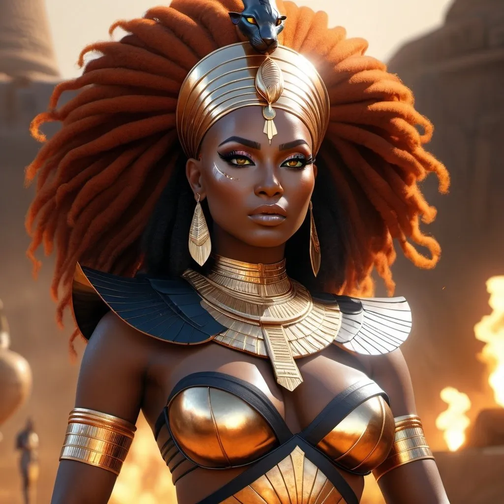 Prompt: HD 4k 3D, 8k, hyper realistic, professional modeling, ethereal Egyptian Goddess style, Feline Goddess of War, beautiful, standing on battlefield, glowing black skin, fiery orange hair, mythical armor, headpiece, full body, fierce and dangerous, Fantasy setting, surrounded by ambient divine glow, detailed, elegant, surreal dramatic lighting, majestic, goddesslike aura, octane render, artistic and whimsical
