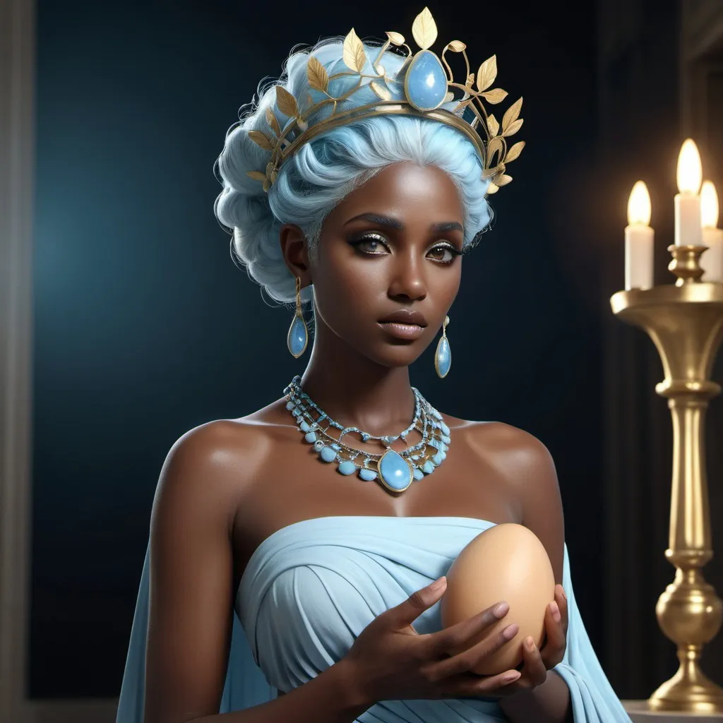Prompt: HD 4k 3D, hyper realistic, professional modeling, ethereal Greek Muse of Origins, pale blue hair, dark skin, gorgeous face, grecian gown, simple jewelry and tiara, full body, embodiment of youth, hatching from an egg, beautiful form, enchantress, detailed, elegant, ethereal, mythical, Greek, goddess, surreal lighting, majestic, goddesslike aura