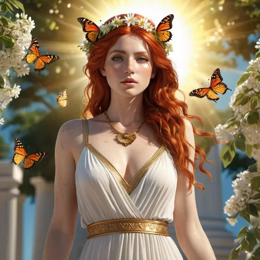 Prompt: HD 4k 3D, hyper realistic, professional modeling, ethereal Greek goddess of Summer, bright red hair, fair freckled skin, gorgeous face, greek sundress, summer jewelry and sun crown, full body, embodiment of summertime, abundant sunshine, youthful, butterflies and birds, detailed, elegant, ethereal, mythical, Greek, goddess, surreal lighting, majestic, goddesslike aura